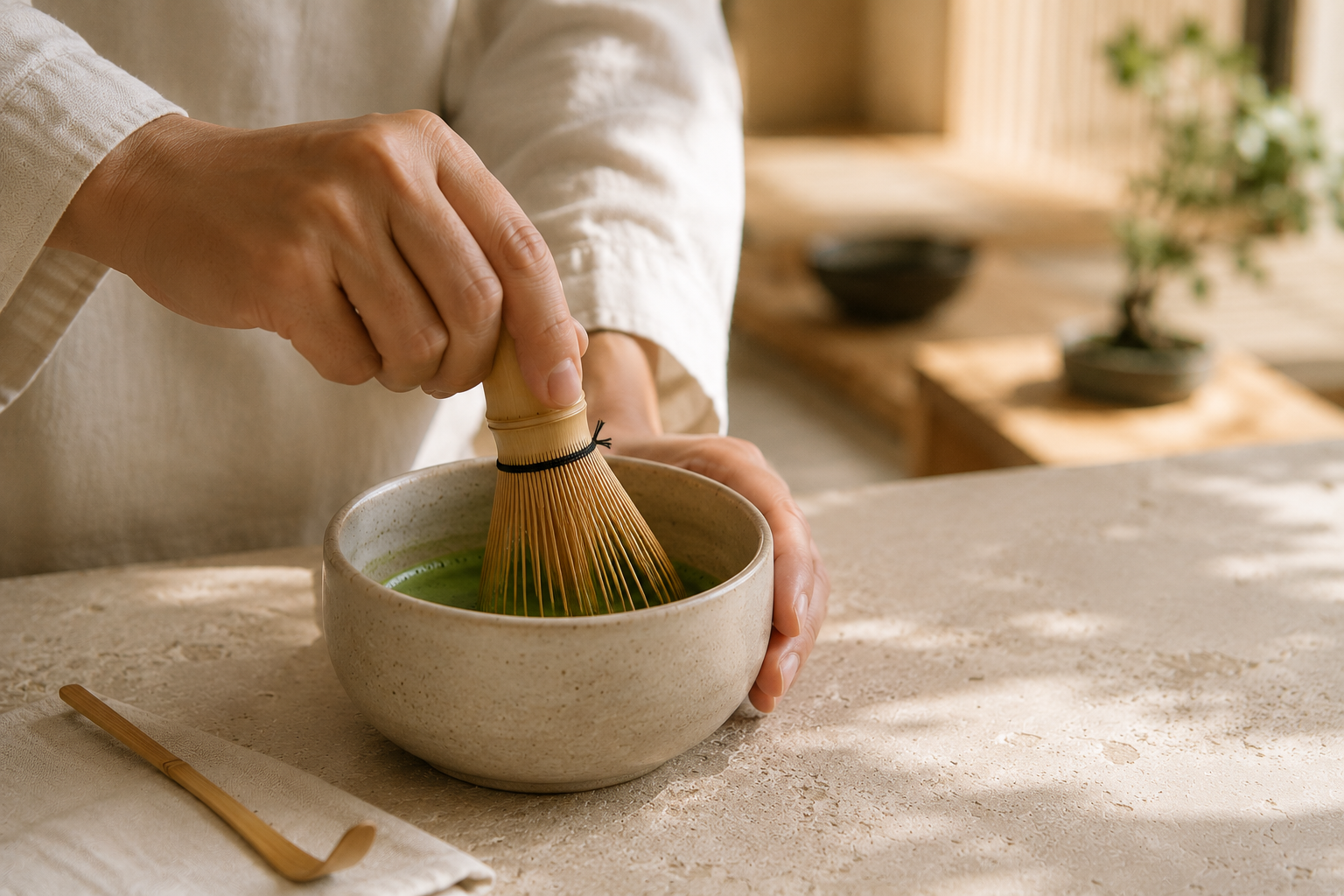 Préparation traditionnelle du matcha au chasen - Maison Jogui Paris 2